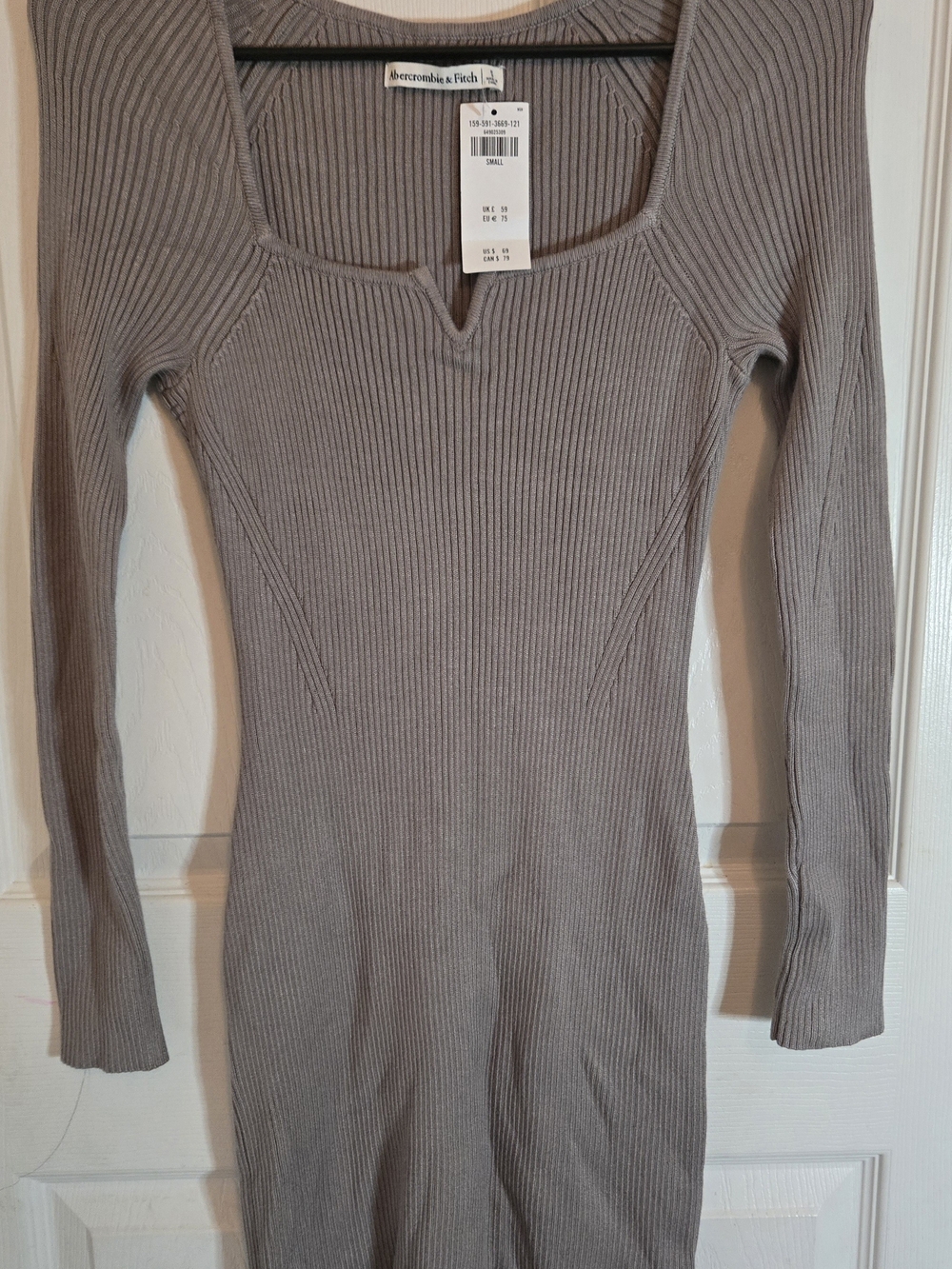 Abercrombie & Fitch Ribbed Scoop Neck Long Sleeve Dress - Taupe